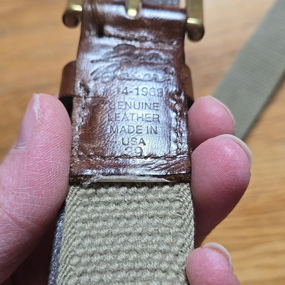Eddie Bauer US made green canvas brown leather brass buckle belt, sz 39